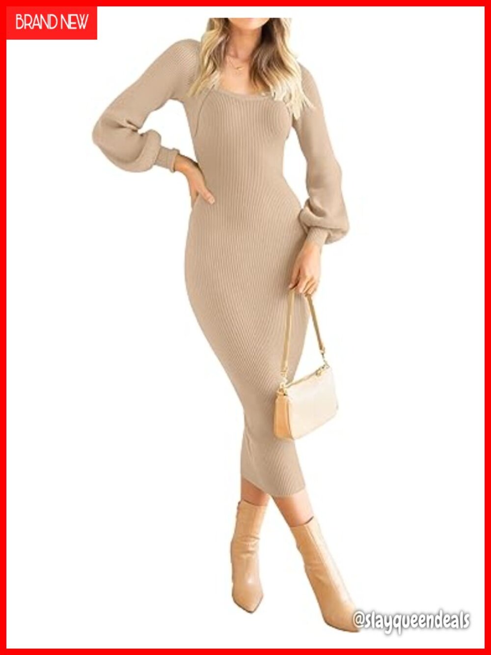 Knit Long Sleeve Bodycon Sweater Dress Midi Square Neck Puff Sleeve
